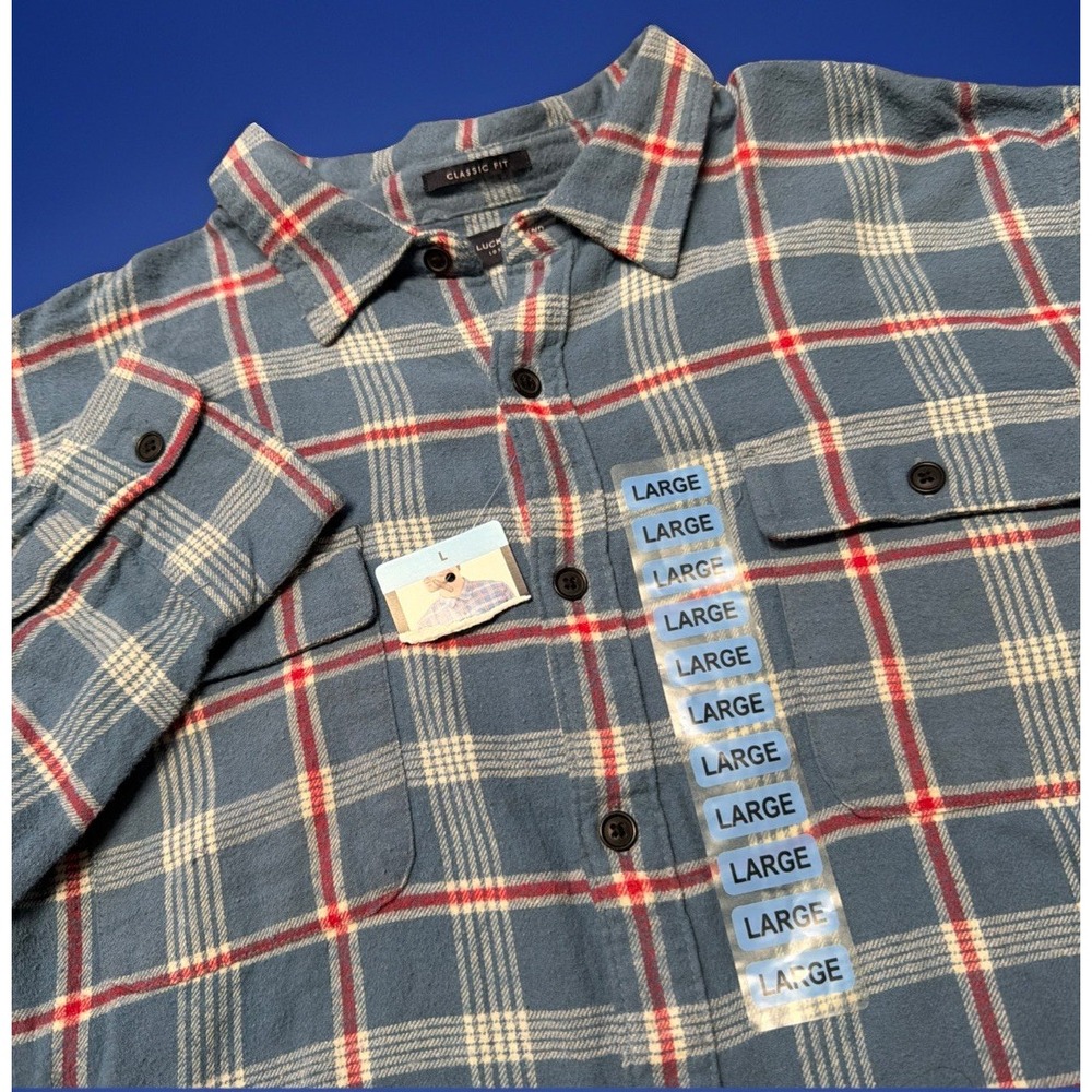 NWT Lucky Brand Shirt Men's Large Button Up Red White Blue Plaid Flannel